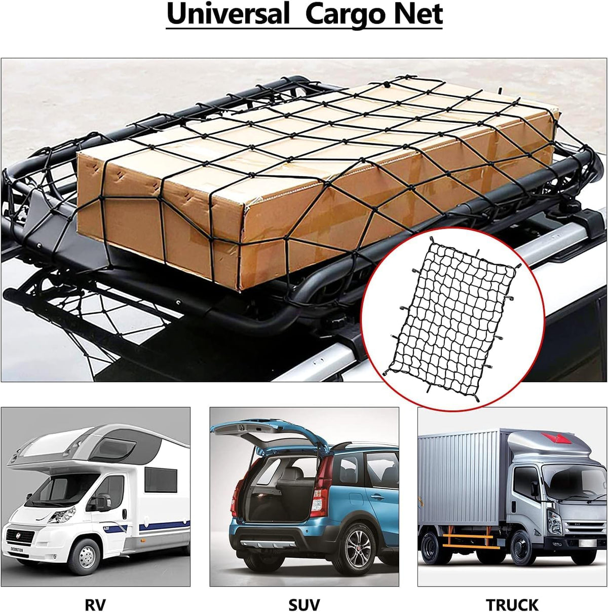 Cargo Net 4' x6' Stretches to 8' x 12' Truck Cargo Net for Pickup Truck Bed- Small 4"x4" Mesh Grid Super Duty Bungee Heavy Duty Bed Netting with 12 Adjustable Metal Carabiners by Cenipar