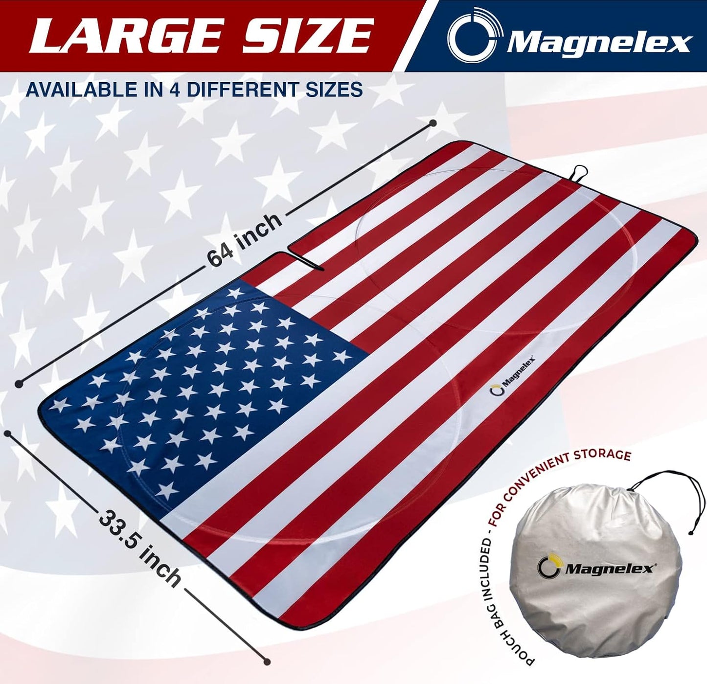 American Flag Windshield Sun Shade, High-Resolution Car Shield with Mirror Cut-Out for Automotive Interior Protection Heat Reduction, Folding Sunshade Storage Bag - Medium, Original