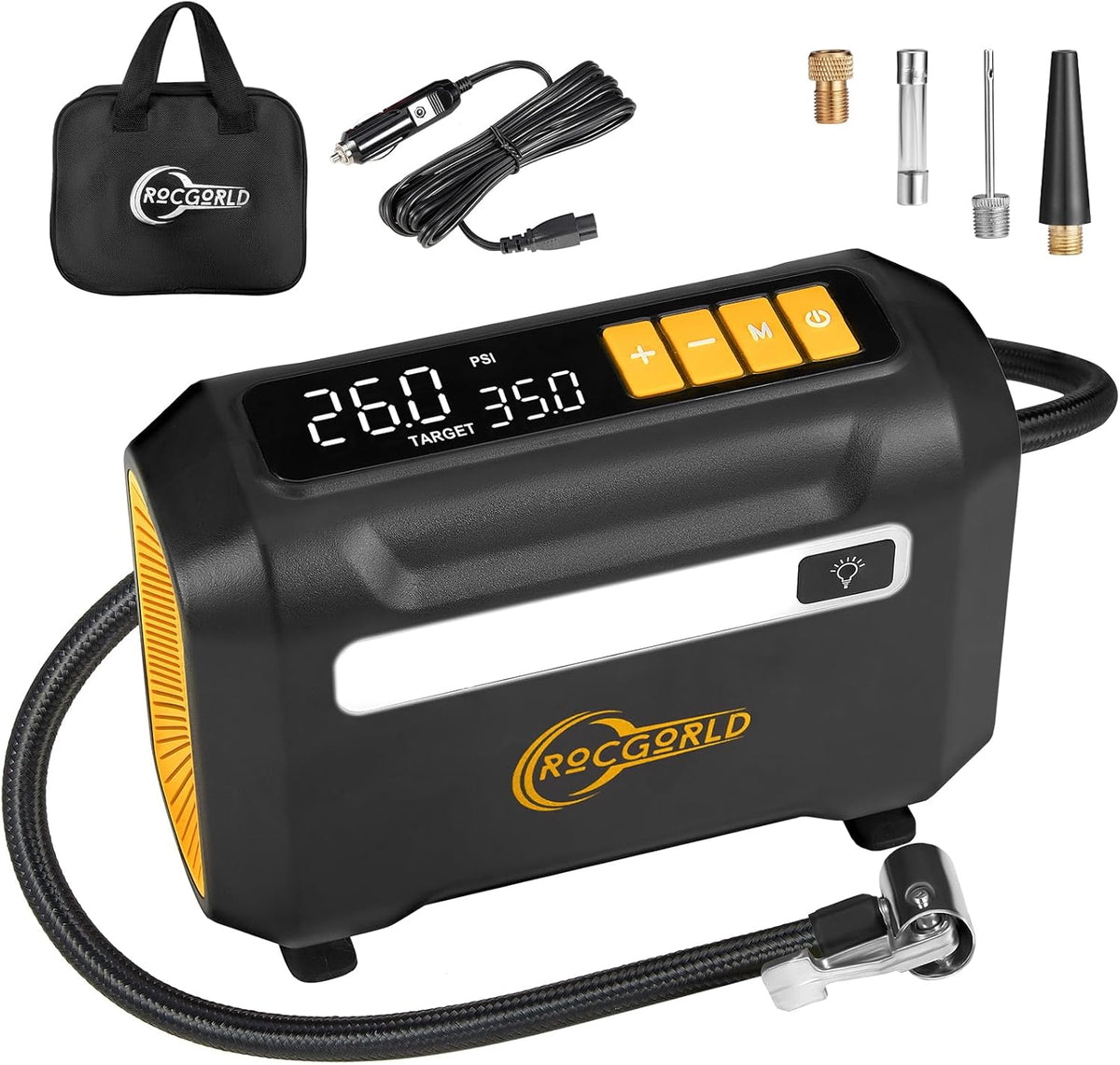ROCGORLD R8 Tire Inflator Portable Air Compressor, DC 12V Air Compressor Portable with Large Dual Digital Screen, 3X Faster Inflation Air Pump for Car, Bike, Ball, Motor