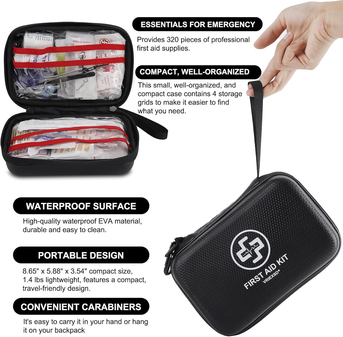 VRIEXSD Premium First Aid Kit, 320 Piece Waterproof Hard Shell Eva First Aid Kit for Home, Camping, Cars, Hiking, Travel, Businesses & Outdoor Emergencies - Emergency Medical Kits (Red)