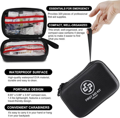 VRIEXSD Premium First Aid Kit, 320 Piece Waterproof Hard Shell Eva First Aid Kit for Home, Camping, Cars, Hiking, Travel, Businesses & Outdoor Emergencies - Emergency Medical Kits (Red)