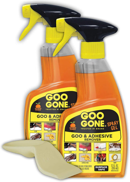 Goo Gone Spray Adhesive Remover Gel 12 Oz with Scraper, Removes Glue, Stickers, Tape Residue, Grease, Gum & Wax, Adhesive Spray with Citrus Cleaning Power for Hard Surfaces, Carpets & Fabrics