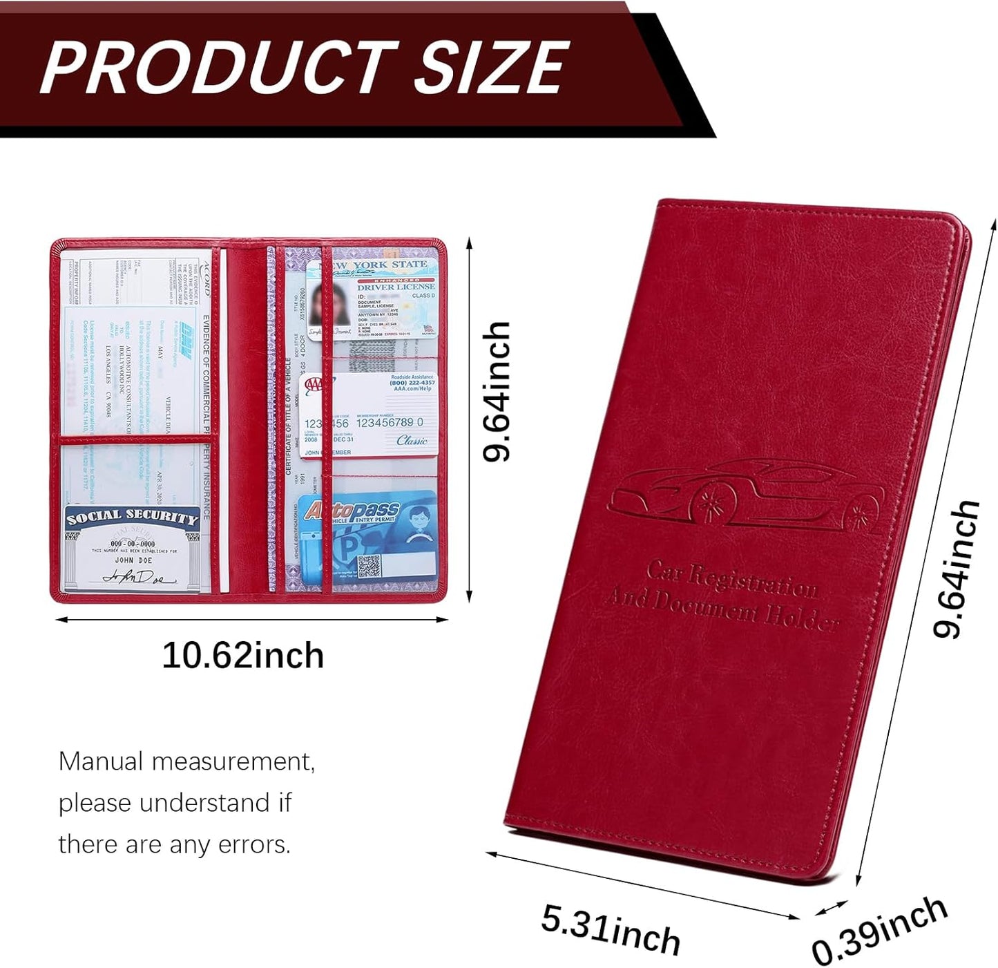 Car Registration and Insurance Card Holder for Women Men, Orange Glove Box Paperwork Organizer with Magnetic Buckle for Easy Access and Protect Documents and Various Cards in Vehicle