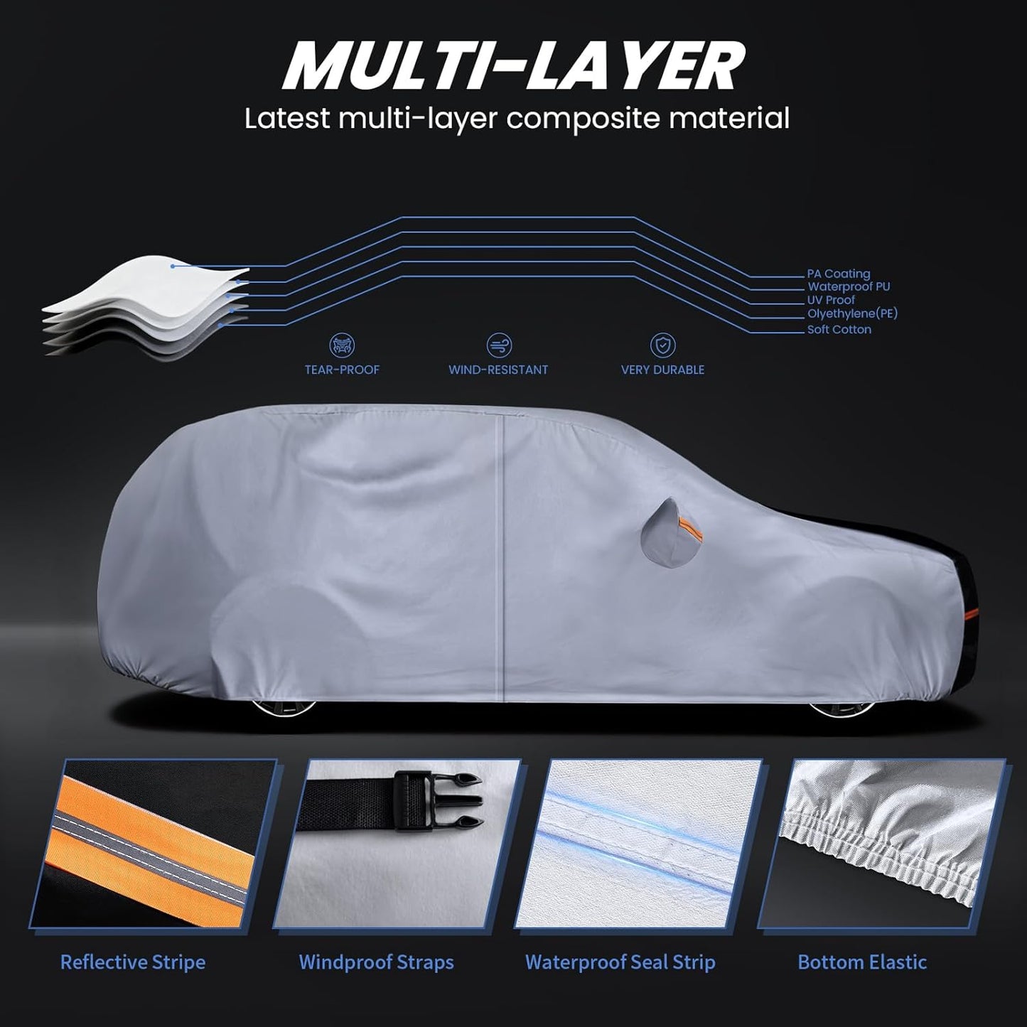 Large SUV Car Cover for Chevy Suburban 100% Waterproof All Weather, Heavy Duty Outdoor Full Exterior Covers Rain Sun Wind UV Protection. - Colors B