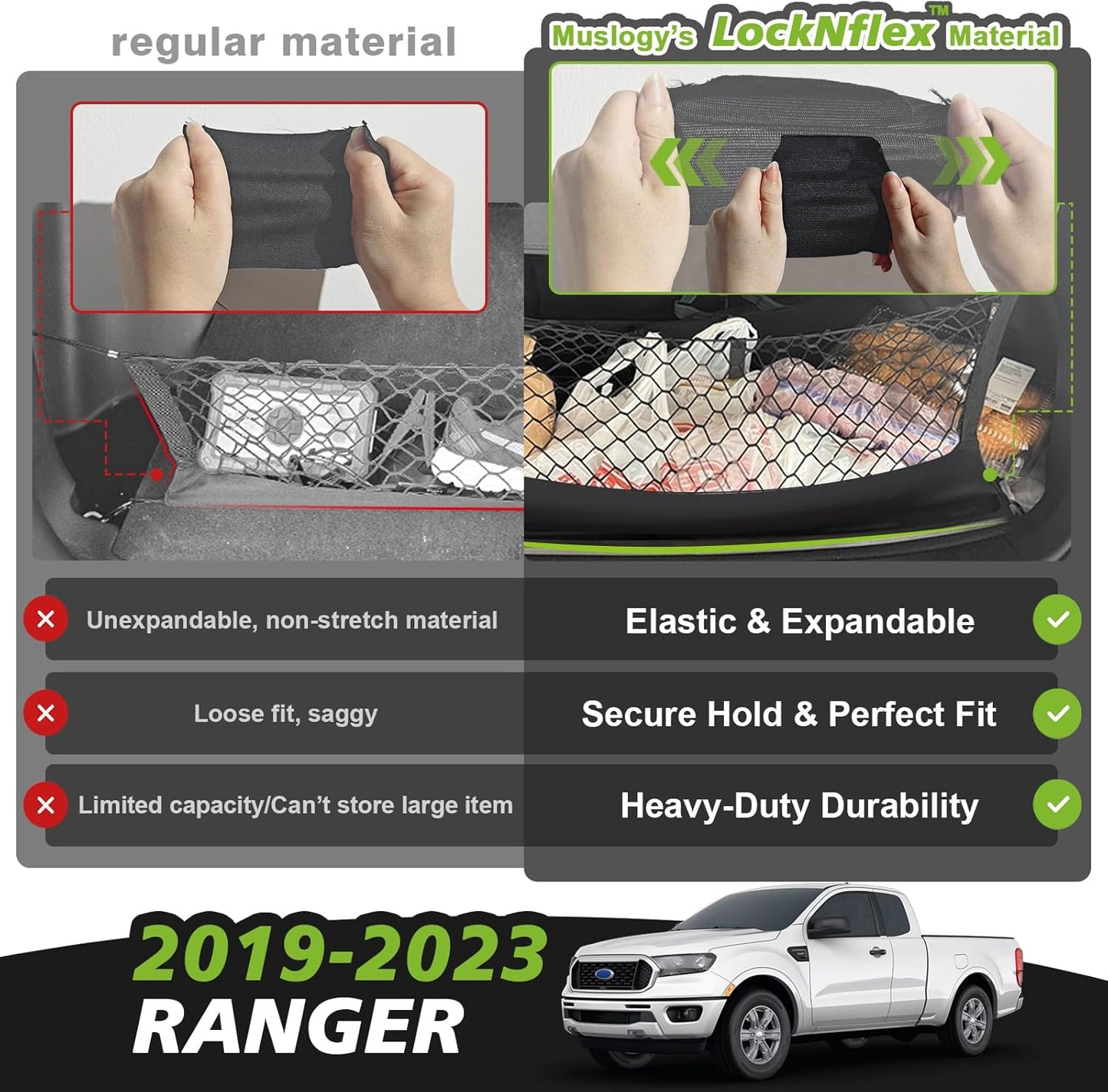 Muslogy Truck Bed Cargo Net Trunk Netting Compatible with 2023-2025 2026 Honda CR-V Accessories, Pickup Cargo Organizer SUV Sedan Storage Net w/Heavy Duty Carabiners - Colors A