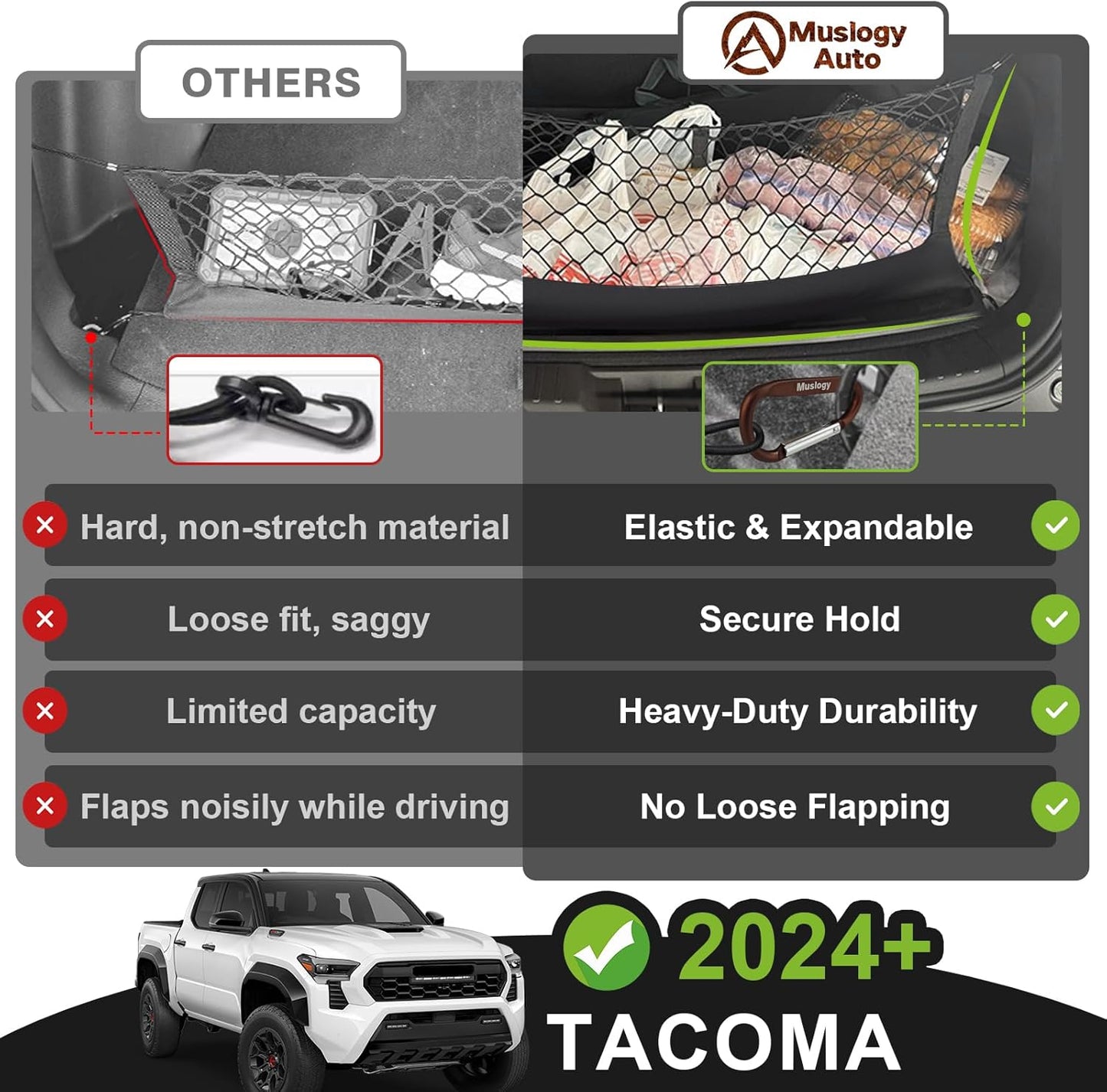 Muslogy Truck Bed Cargo Net Trunk Netting Compatible with 2023-2025 2026 Honda CR-V Accessories, Pickup Cargo Organizer SUV Sedan Storage Net w/Heavy Duty Carabiners - Colors A