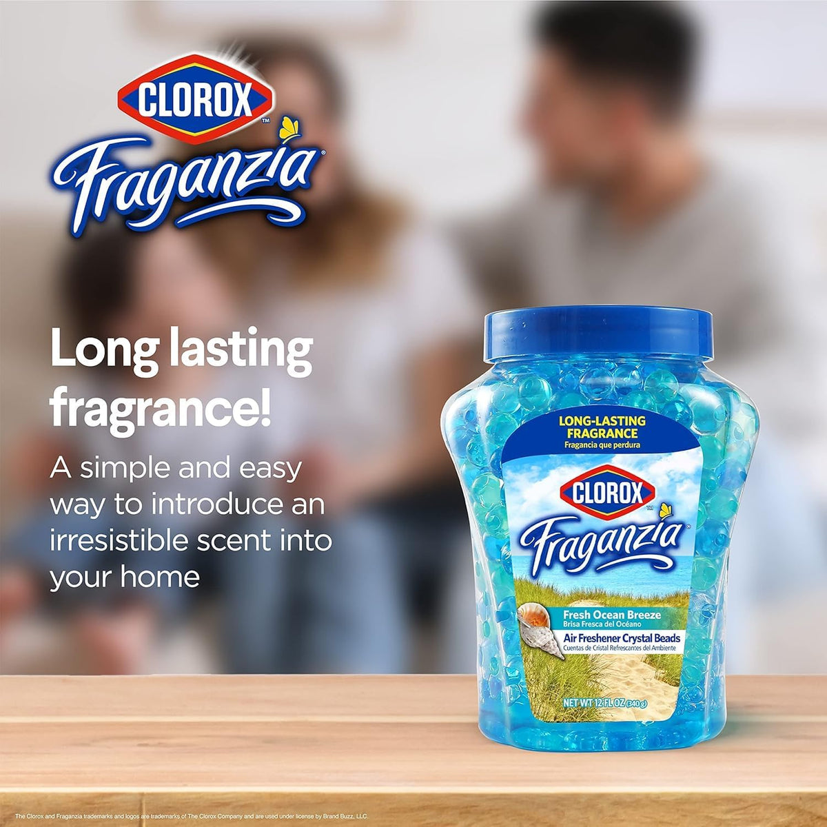 Clorox Fraganzia Crystal Beads Air Freshener, Long Lasting Room Deodorizer and Odor Eliminator Gel Beads to Freshen Home, Car, or Office, Fresh Ocean Breeze Scent, 12 Fl Oz