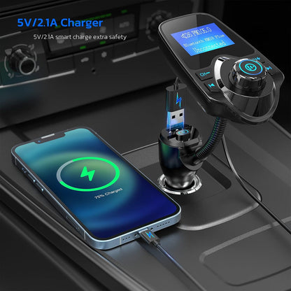 Nulaxy KM18 Plus Bluetooth 5.4 Car Adapter with 48W Fast Charging PD 30W & QC3.0 18W, 1.44" Screen Wireless Radio FM Transmitter with Flexible Gooseneck, Supports Hands-Free Call, TF Card & AUX, Black