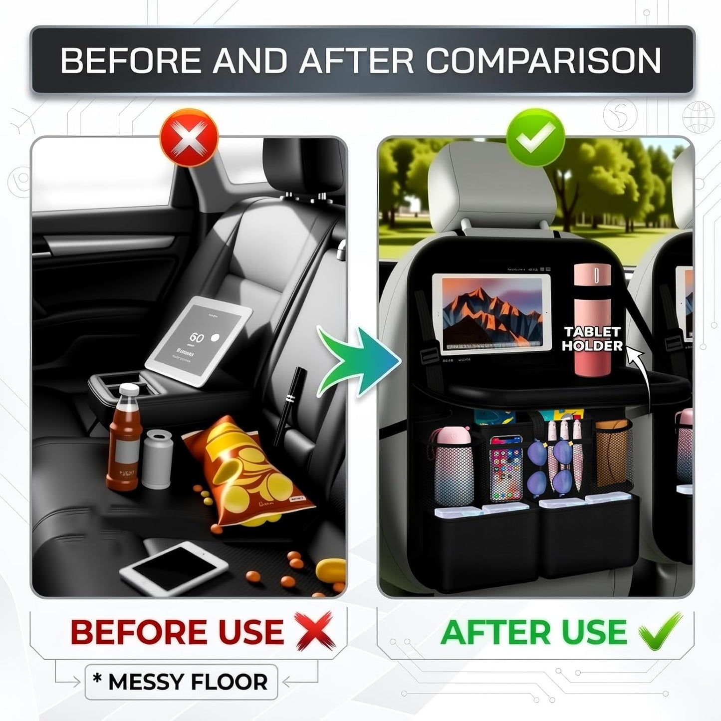 2026 New Backseat Car Organizer,Multifunctional Back Seat Car Organizer with Foldable Table Trays,Hanging Cars Seats Backs Organizers as Kick Mats Back Seat Protector