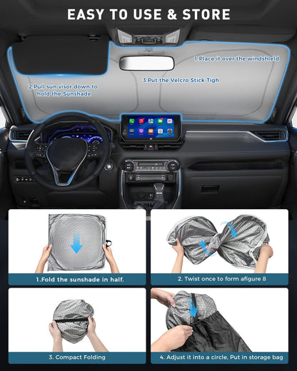 helloleiboo Graphene Car Windshield Sun Shade Car Sun Shade for Windshield with Heat Absorption Coating Foldable Design with UV Protection to Keep Your Car Interior Cooler Silver (X-Large-61 × 34 in)