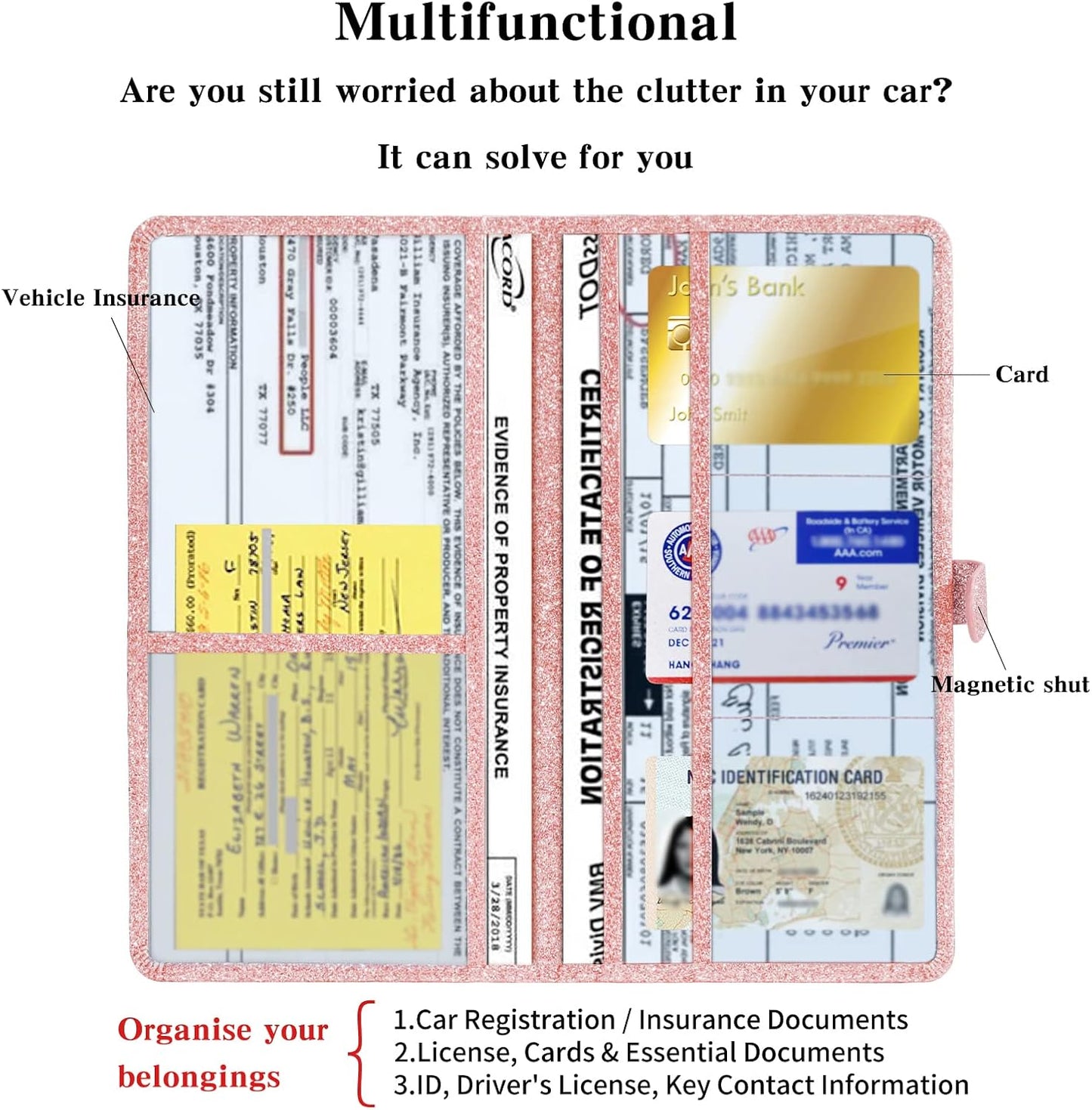 TILDOSAC Leather Car Registration and Insurance Card Holder, Car Document Holder for Cards License with Magnetic Shut (Black, large)