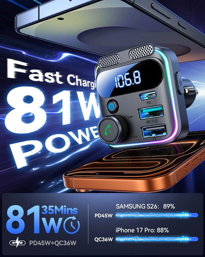 JOYROOM 81W Bluetooth 6.0 Car Adapter Wireless FM Radio Transmitter | [PD45W & QC36W] Fast Charge, Dual Mics for Clear Call, HiFi Deep Bass, LED Light, Support USB Drive, Ideal for Road Trips