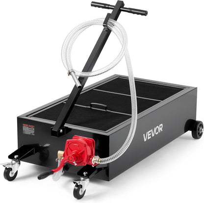 VEVOR Low Profile Oil Drain Pan, 20 Gallon Capacity, Rolling Oil Drain Pan with Manual Pump, 7.2 ft Hose & T Folding Handle, Leak-Proof & Corrosion-Resistant, Fit for Cars, SUVs, Trucks, ATVs, Red