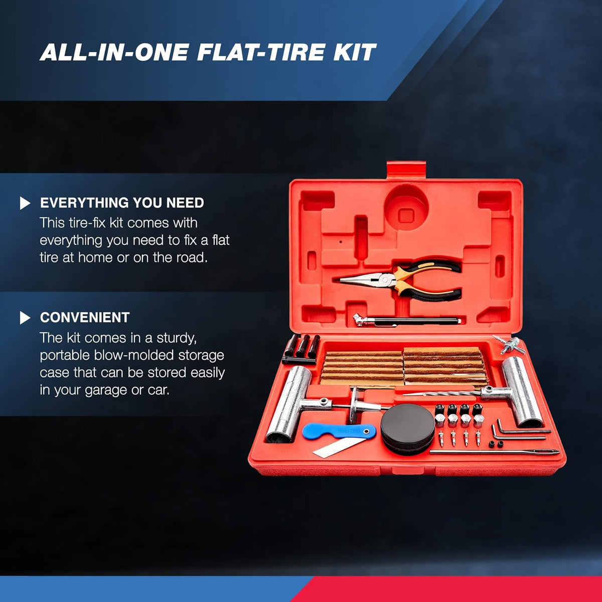 Tooluxe 50002L -35 Piece Tire Repair Universal Heavy Duty Tire Repair Kit with Plugs, Fix A Flat Tire Repair Kit, Ideal for Tires on Cars, Trucks, Motorcycles, ATV Roadside Emergency, Tire Plug Kit