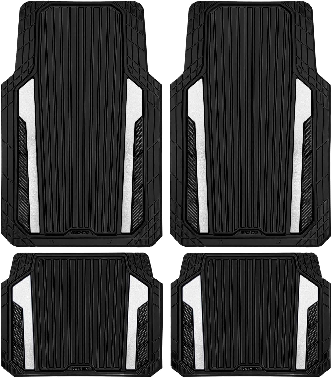CAR PASS Heavy Duty Rubber Car Mats Metallic, Aluminum Film All Weather Floor Mats Waterproof Universal Trim to Fit Automotive SUV Sedan Van 4 Piece Anodized Deep Dish Two-Tone Sporty Black Red Chrome