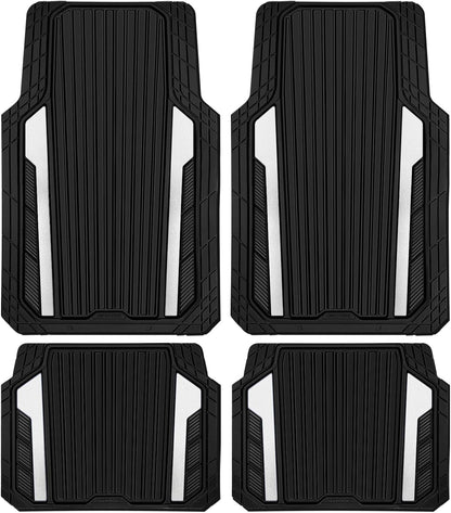 CAR PASS Heavy Duty Rubber Car Mats Metallic, Aluminum Film All Weather Floor Mats Waterproof Universal Trim to Fit Automotive SUV Sedan Van 4 Piece Anodized Deep Dish Two-Tone Sporty Black Red Chrome