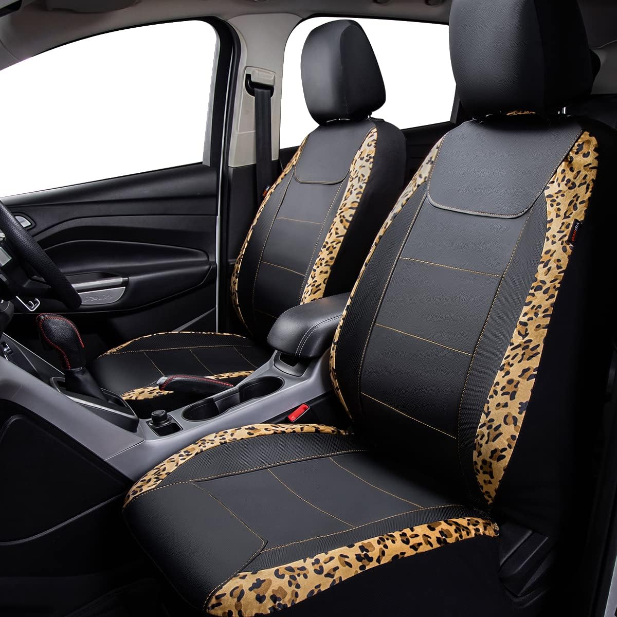 Flying Banner Carbon Fiber Leather Vehicle Seat Covers, Leopard Gray Black, Universal Fit - 8PCS