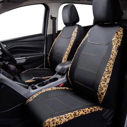 Flying Banner Carbon Fiber Leather Vehicle Seat Covers, Leopard Gray Black, Universal Fit - 8PCS