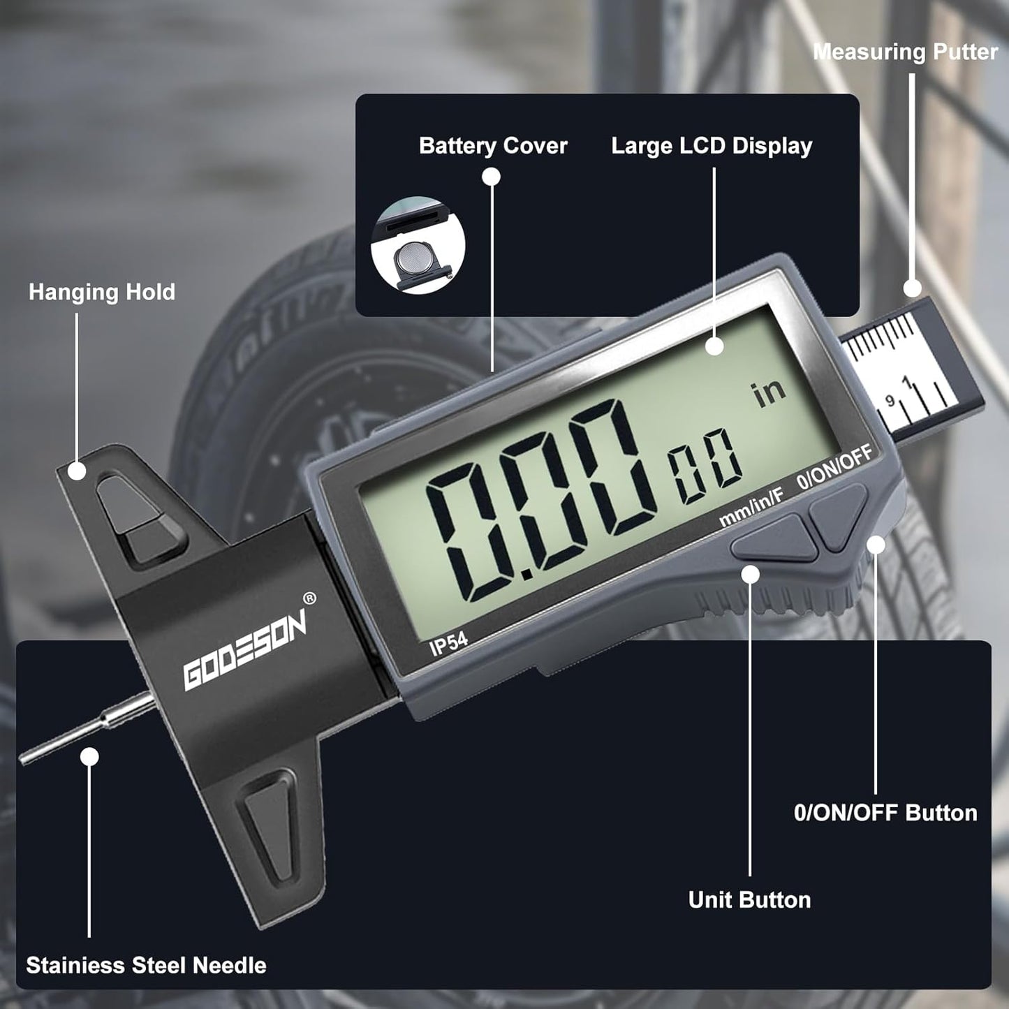 GODESON Digital Tire Tread Depth Gauge - IP54 Waterproof, 2.5" LCD Screen, 3 Modes (Fraction/Inch/MM), 1" Range, Auto-Off, Tire Wear Measure Gauge Tool 32nds for Car, Truck & SUV Tires