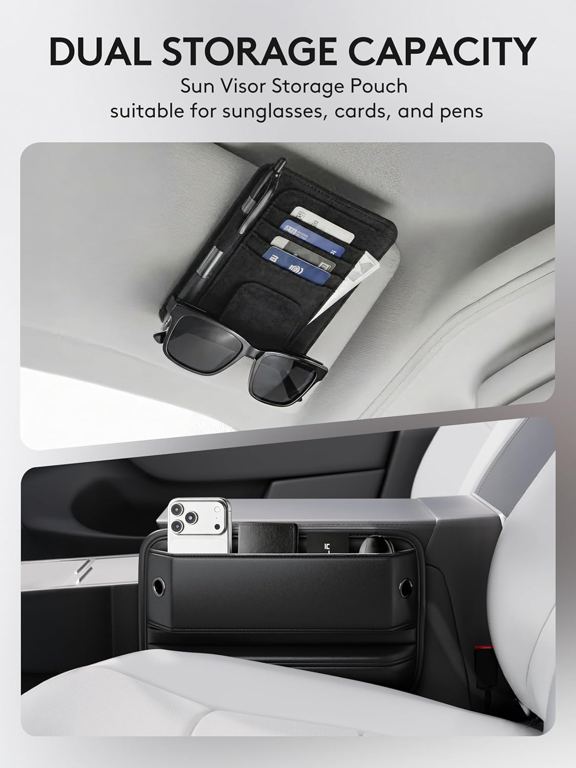 2 Pack Car Seat Gap Filler Organizer with Sun Visor Organizer, PU Leather Seat Gap Filler for Phone, Keys, Cards & Sunglasses, Front Seat Storage Side Pocket for Cars SUVs Trucks