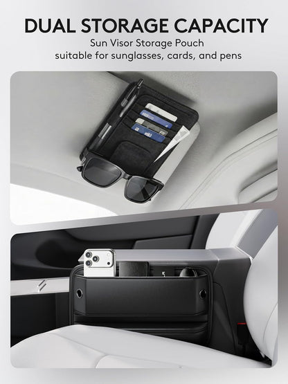 2 Pack Car Seat Gap Filler Organizer with Sun Visor Organizer, PU Leather Seat Gap Filler for Phone, Keys, Cards & Sunglasses, Front Seat Storage Side Pocket for Cars SUVs Trucks