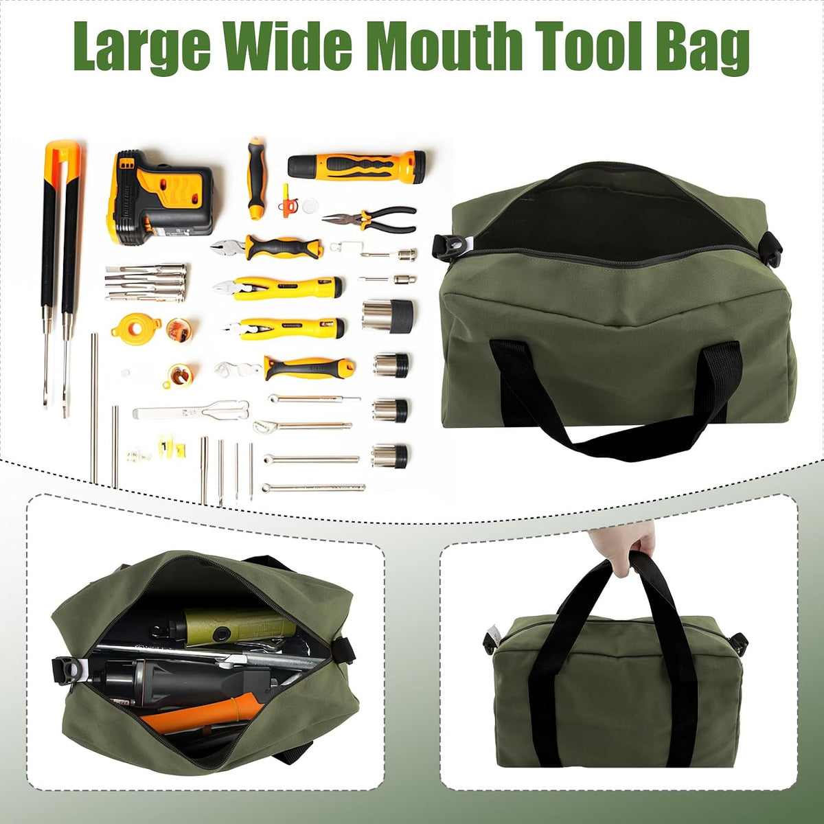Small Tool Bag,Close Top Wide Mouth Tool Organizer Bag,Large Capacity Tool Bags for Men,Canvas Tool Storage Bag for Storage Handbag for Screwdrivers,Wrench,Pliers Hand Tools (black, 12 Inch)