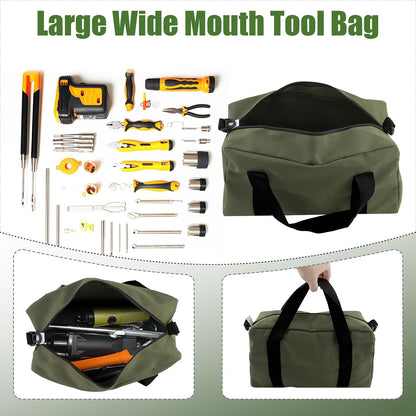 Small Tool Bag,Close Top Wide Mouth Tool Organizer Bag,Large Capacity Tool Bags for Men,Canvas Tool Storage Bag for Storage Handbag for Screwdrivers,Wrench,Pliers Hand Tools (black, 12 Inch)