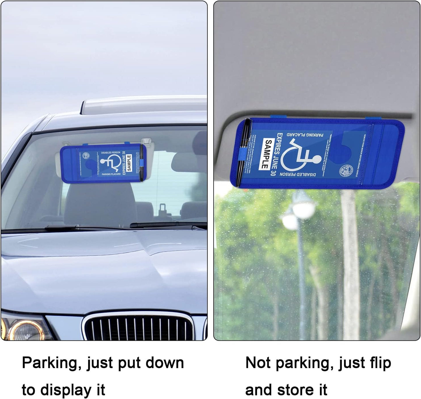 Handicap Placard Holder for Auto, Wisdompro Disabled Parking Permit Sign Protector for Car Sun Visor with Note Paper Slot, Pen Holder and Elastic Strap - Black