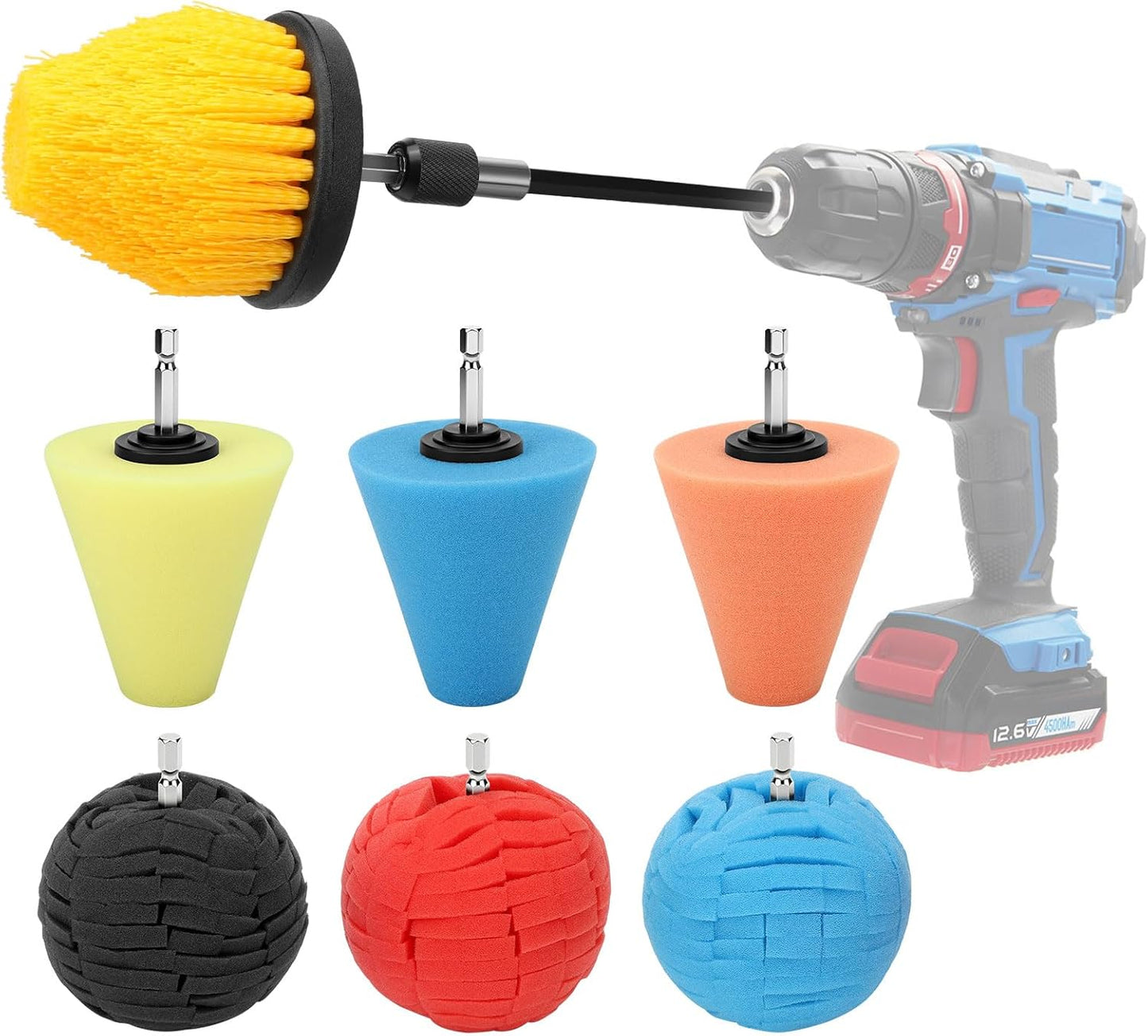 Linkstyle 5PCS Drill Polishing Ball Set, Car Wheel Polisher Sponge Pad Kit with Long Extension Pole & Cleaning Brush, Buffing Ball for 1/4" Hex Drill, Car Rim and Metal Surface Polishing Tool