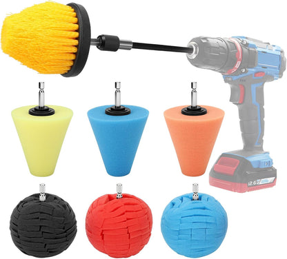 Linkstyle 5PCS Drill Polishing Ball Set, Car Wheel Polisher Sponge Pad Kit with Long Extension Pole & Cleaning Brush, Buffing Ball for 1/4" Hex Drill, Car Rim and Metal Surface Polishing Tool