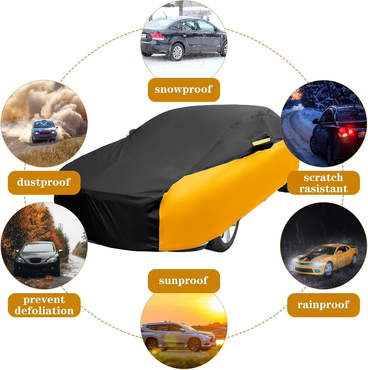 Riakrum Full Car Cover Waterproof All Weather for Automobiles Windproof Cover Rain UV Protection Sun Scratch Resistant Outdoor Universal(Fit Sedan Length (185-193'') 70'' H,Black, Orange)