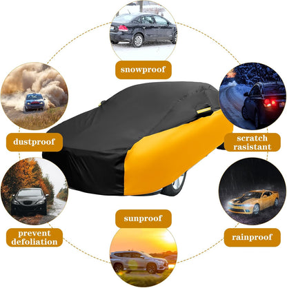 Riakrum Full Car Cover Waterproof All Weather for Automobiles Windproof Cover Rain UV Protection Sun Scratch Resistant Outdoor Universal(Fit Sedan Length (185-193'') 70'' H,Black, Orange)