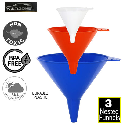 Oil Funnel Set (Orange, 4-Pack) – Plastic Funnels for Automotive Use – Funnels for Kitchen Use Filling Bottles and containers – Funnel for Water Bottles, Gas, Car Oil, Lubricants and Fluids