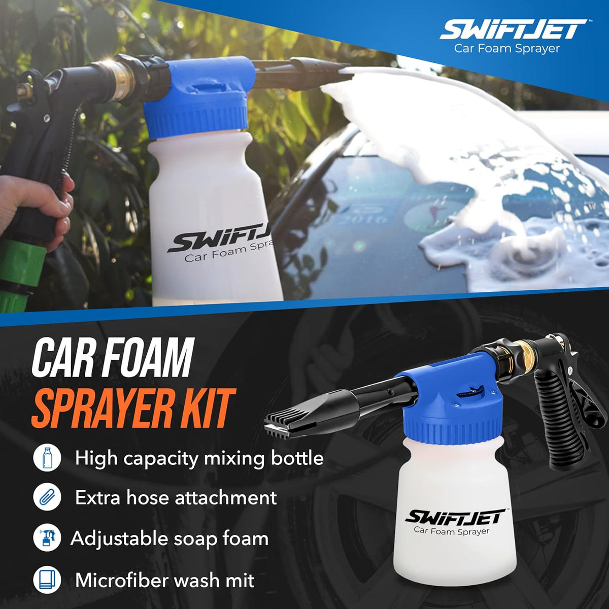 SwiftJet Car Wash Foam Gun + Microfiber Wash Mitt - Foam Cannon Works with Any Soap - Garden Hose Car Foam Sprayer - Car Wash Kit - Car Accessories Foam Blaster (Orange Foam Gun with Mitt)