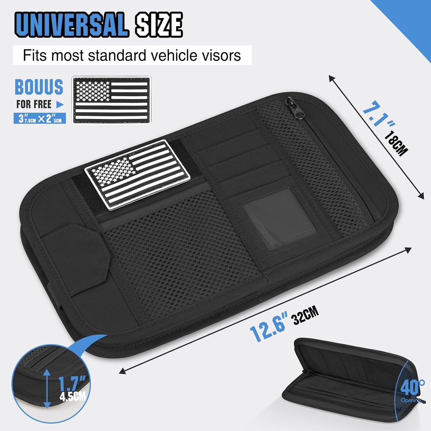 HUANLANG Car Sun Visor Organizer, Tactical Car Accessories with Zipper Storage Pouch, Glasses Clip Card Sleeve Pocket, Multi-Pocket Visor Organizer Fits Most Cars, SUVs, Trucks
