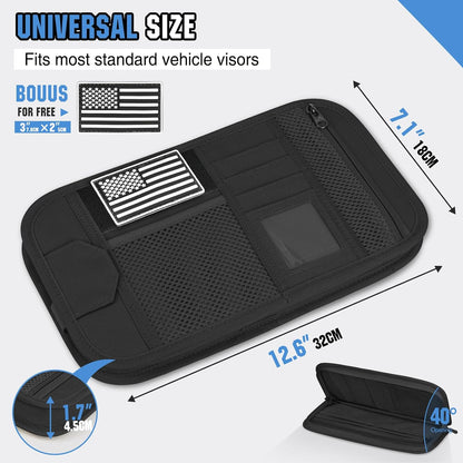 HUANLANG Car Sun Visor Organizer, Tactical Car Accessories with Zipper Storage Pouch, Glasses Clip Card Sleeve Pocket, Multi-Pocket Visor Organizer Fits Most Cars, SUVs, Trucks
