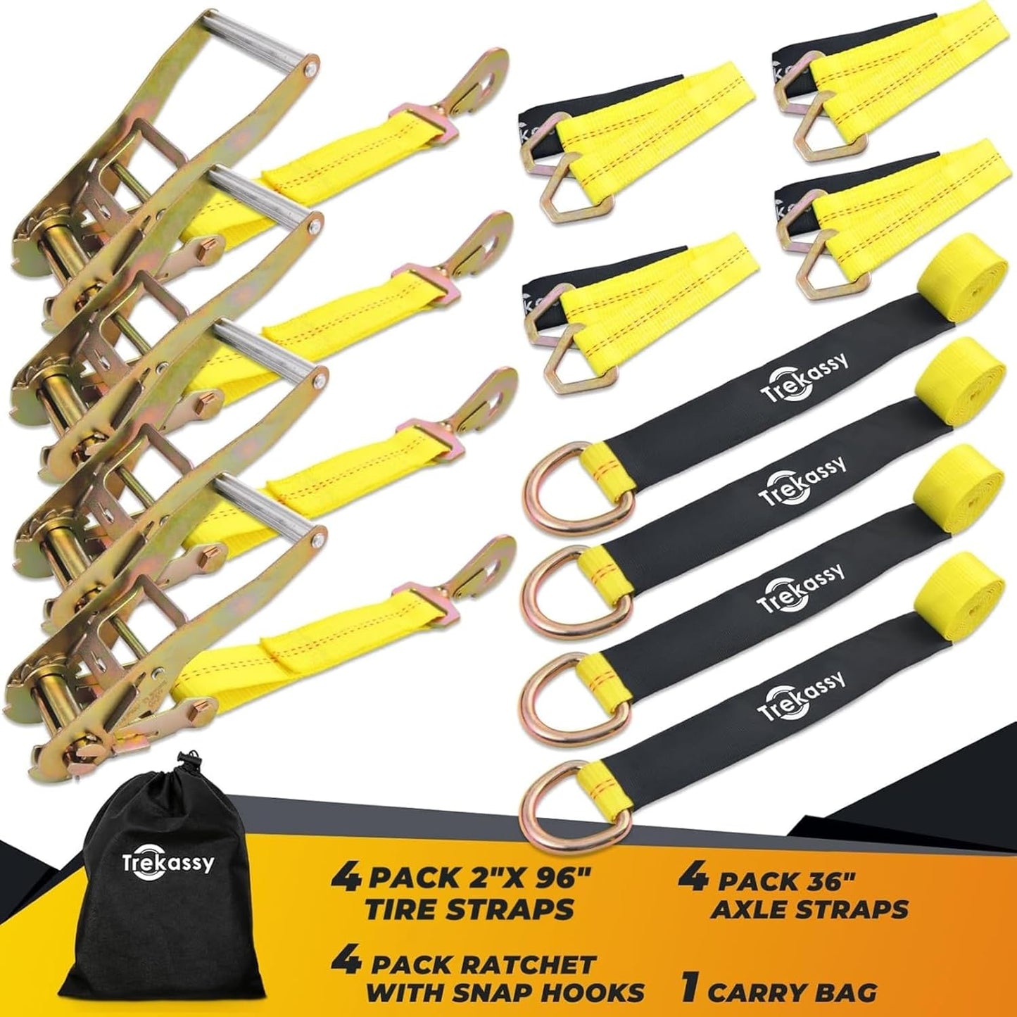 Trekassy 2" x 144" Car Tie Down Straps for Trailers, Heavy Duty Tire Tie Downs for ATV/UTV, 10000lbs Break Strength, Include 4 Axle Straps for Different Uses