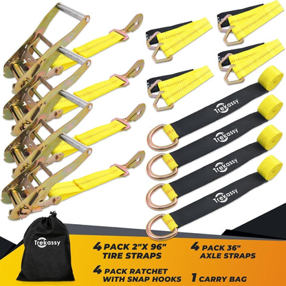 Trekassy 2" x 144" Car Tie Down Straps for Trailers, Heavy Duty Tire Tie Downs for ATV/UTV, 10000lbs Break Strength, Include 4 Axle Straps for Different Uses