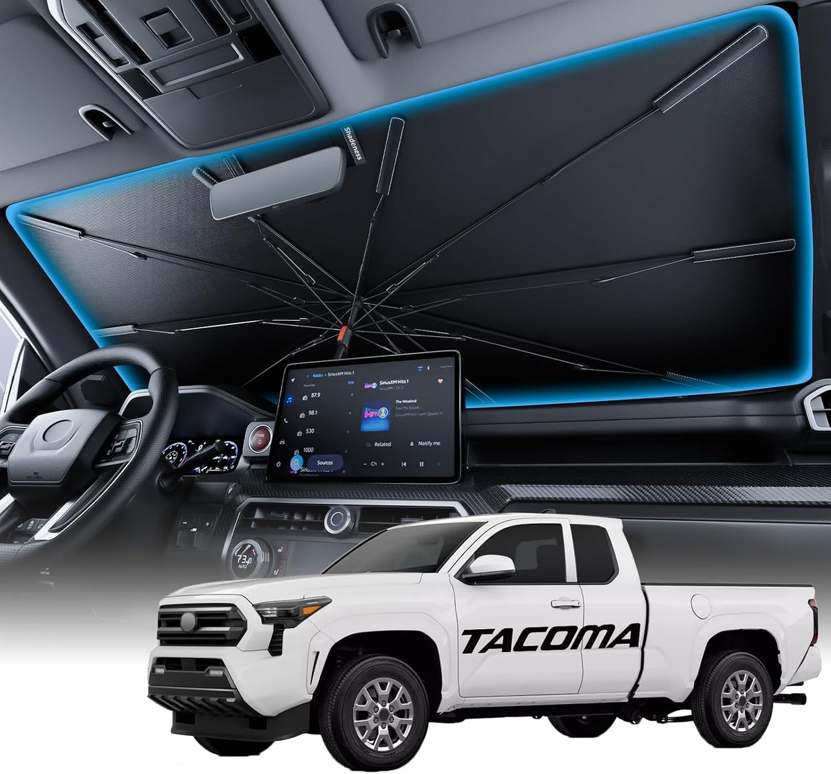 Wigoo Windshield Sun Shade Umbrella for Tesla Model Y [100% Sun Blockage, Ice Cooling Fabric] Foldable Heat Insulation Front Window Sunshade Umbrella for Tesla Model Y 2020–2026 (Juniper)