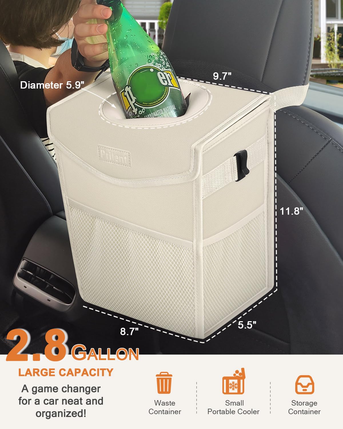 Pritent Car Trash Can with Lid, Cute Leakproof Car Trash Garbage Bag Hanging Vehicle Trash Bin Small Portable Automotive Garbage Cans Organizer for Back/Front Seat/Console(Trapezoid,Black)