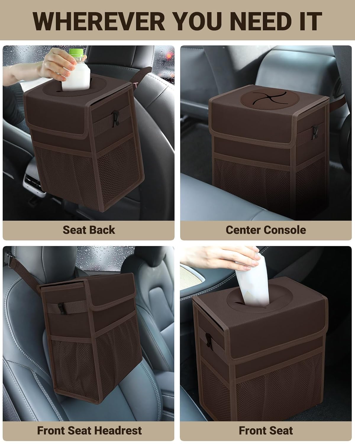 Capolo Car Trash Can with Lid, Leakproof Car Trash Bag Hanging Waterproof Automotive Garbage Can with Storage Pockets Mini Vehicle Trash Bin for Back/Front Seat(Black,2.5 Gallon)