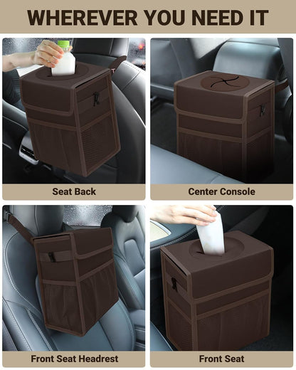 Capolo Car Trash Can with Lid, Leakproof Car Trash Bag Hanging Waterproof Automotive Garbage Can with Storage Pockets Mini Vehicle Trash Bin for Back/Front Seat(Black,2.5 Gallon)