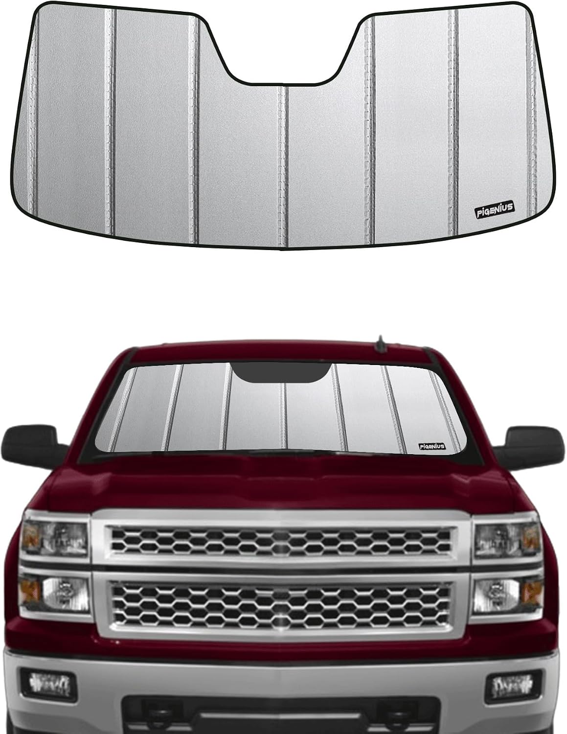 Pigenius Windshield Sunshade for Chevy Silverado/GMC Sierra 1500 2007-2013 (New Body Style Only), 2500HD/3500HD 2007-2014, Metallic Silver Finish
