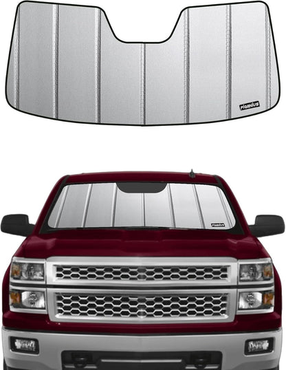 Pigenius Windshield Sunshade for Chevy Silverado/GMC Sierra 1500 2007-2013 (New Body Style Only), 2500HD/3500HD 2007-2014, Metallic Silver Finish