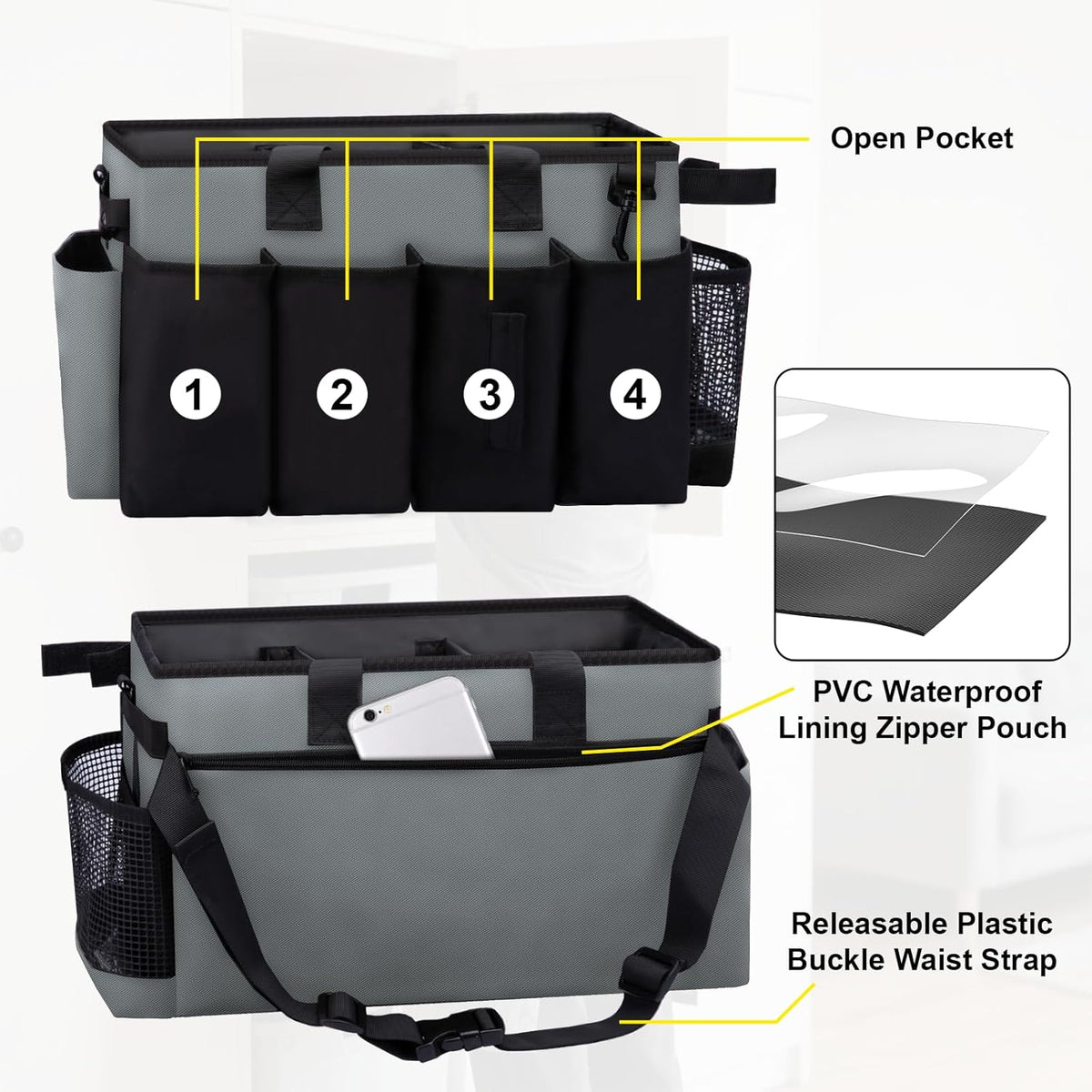 Wearable Large Cleaning Caddy Bag for Housekeeper, Clean Supply Organizer with Adjustable Shoulder, Waist & Handle Straps, Detailing Bag for Kitchen Supplies (Black)