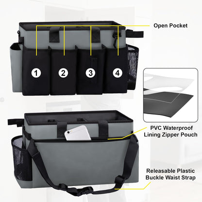 Wearable Large Cleaning Caddy Bag for Housekeeper, Clean Supply Organizer with Adjustable Shoulder, Waist & Handle Straps, Detailing Bag for Kitchen Supplies (Black)