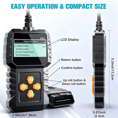 OBD2 Scanner Ease Setup Plug-Play: Clear Reset Engine Error Code Professional Code Reader Diagnostic Scan Tools with Freeze Frame/I/M Readiness for Cars Since 1996 & Newer - LK11