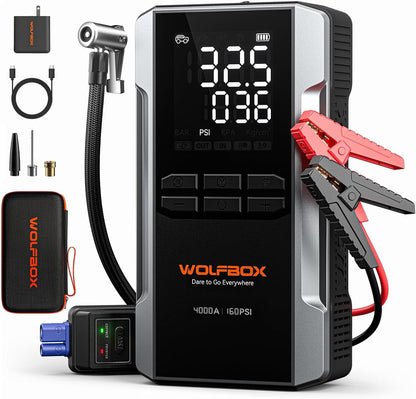 WOLFBOX MV16A 3000A Jump Starter with Air Compressor, 59.2Wh&160PSI Portable Car Battery Jump Starter with 65W Fast Charging, 12V Battery Pack (8L Gas 6L Diesel) with Boost, Light and Jumper Cables