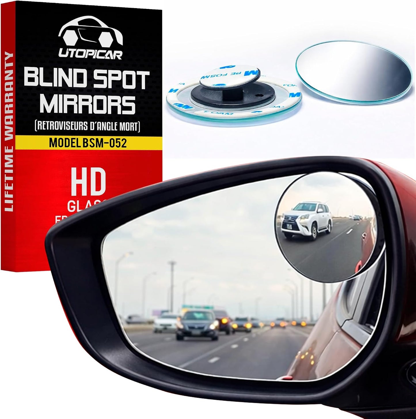 Utopicar Long Blind Spot Car Mirror Aesthetic Convex Mirrors 5.3” x 1.3” - Side Mirror Engineered Design - Up & Down Adjustable - Blind Spot Rear View Mirrors for Car (2-Pack)