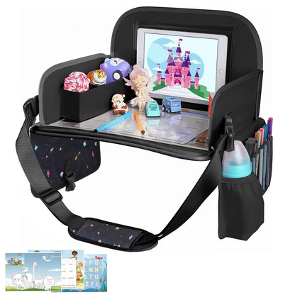 MENZOKE Kids Travel Tray for Toddler Car Seat, Road Trip Activities for Kids with iPad Holder Stand & Dry Erase Board, Road Trip Essentials Accessories Lap Tray as Travel Gifts for Kid, Pink